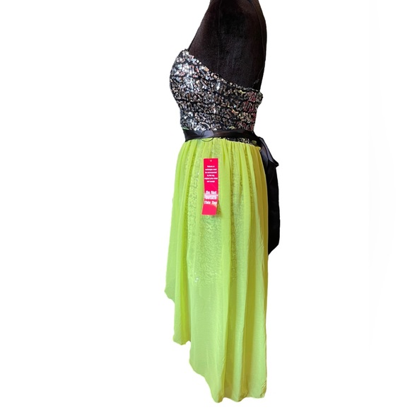 NEW City Studio Neon Yellow Metallic Silver Sequin Hi Lo Bustier Formal Dress - Picture 5 of 8